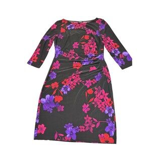 Chaps Women's Floral Sheath Dress Black Red Purple 3/4 Sleeves Size L